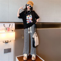 Girls' short-sleeved suit, Korean version, medium and large children's fashionable casual sports wide-leg pants two-piece set  Black