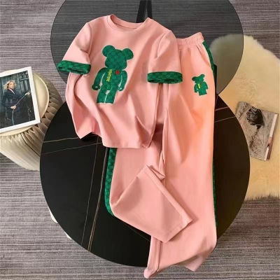 Casual sports suit for women, fashionable and stylish, street-ageing, short-sleeved, round-neck, wide-leg pants, two-piece suit