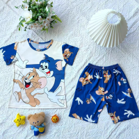 2-piece summer children's suit daily casual T-shirt short-sleeved cartoon thin boy green home clothes pajamas  Multicolor