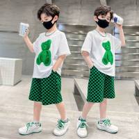 Boys summer sports suits for middle and older children cartoon bear T-shirt plaid shorts two-piece suit  White