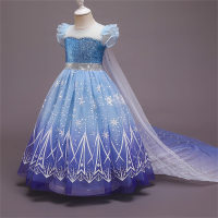 Frozen Elsa Princess Dress Printed Sequin Mesh Dress Girls Short Sleeve Large Skirt  Blue