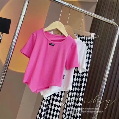 New girls suit short-sleeved T-shirt summer checkerboard pants thin and versatile