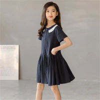 Pure cotton girls short-sleeved T-shirt dress summer new solid color Korean style medium-length casual dress for middle-aged and older children  Navy Blue