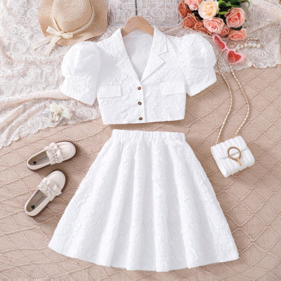 Summer Chanel style short puff sleeve top white skirt