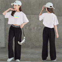 Girls fashionable short T-shirt and trousers two-piece suit 2024 new medium and large children's clothing reflective sports suit  White