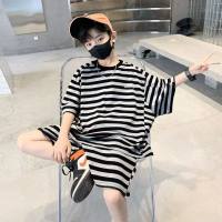 Boys' summer clothes, handsome striped thin sports suits, big children's loose T-shirts and trousers two-piece trendy set  Gray