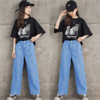 Mädchen süßes Muster Sommer 2024 Anzug T-Shirt Kinder Mädchen modische gerade Jeans Mode zweiteiliges Set  Schwarz
