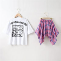 New Korean Style Suit Children's Style Suit Skirt Short Sleeve Clothes Plaid Skirt Two-piece Set  Hot Pink