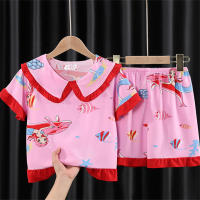 Pijamas para niñas de verano de manga corta, conjunto de ropa para el hogar con dibujos animados para niñas, niños medianos y grandes  Rosado