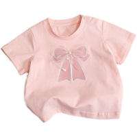 2024 new summer short-sleeved candy-colored fashionable and simple bow-knot short-sleeved sweet T-shirt for children and middle-aged children  Pink