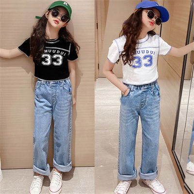 Girls' suits, jeans, thin wide-leg pants, summer big children's high-waisted trousers, loose children's straight-leg pants, two-piece set