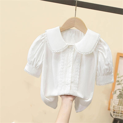 Camisa infantil de renda versátil com lapela grande e gola boneca doce de manga curta e fina de algodão