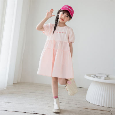 Summer high-quality puff sleeve princess dress Korean children's pink dress fashionable