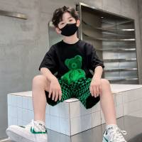 Boys summer sports suits for middle and older children cartoon bear T-shirt plaid shorts two-piece suit  Black