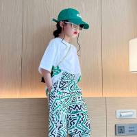 Girls summer thin wide-leg pants sports suits medium and large children's loose T-shirt trousers two-piece suit trendy  Green