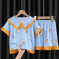 Girls Pajamas Summer Short Sleeve Girls Cartoon Baby Home Clothes Set Big Children Children  Light Blue