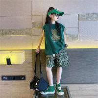 Meninas verão roupas esportivas casuais infantis de manga curta ternos para crianças médias e grandes ternos soltos de duas peças  Verde