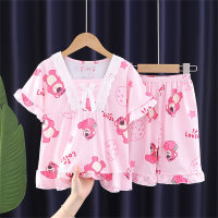 Pijamas para meninas verão fino de manga curta meninas médias e grandes roupas de casa das crianças verão roupas de ar condicionado terno  Rosa