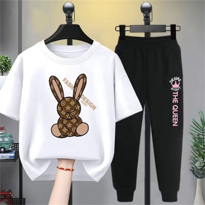 Girls' bunny print casual suit, older children's sports leggings trousers