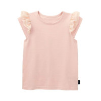 Summer girl baby striped cotton sweet lace mesh sleeves flying edge short-sleeved T-shirt  Pink