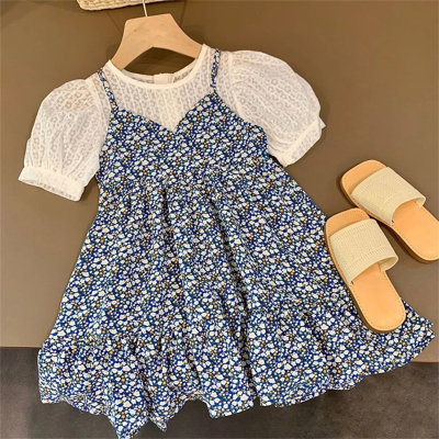 New floral fake two-piece suspender skirt with lantern sleeves, western style for baby girl, cute style