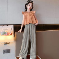 Girls, older children, small fragrance, casual and sweet suits, chiffon shirts, T-shirts, wide-leg pants, two-piece set  Gray