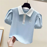 Girls college style summer new POLO shirt T-shirt for middle and older children short-sleeved puff-sleeved top  Light Blue