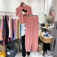 Camiseta de manga corta de estilo coreano de verano, pantalones harén, conjunto informal de dos piezas con pequeña fragancia  Rosado