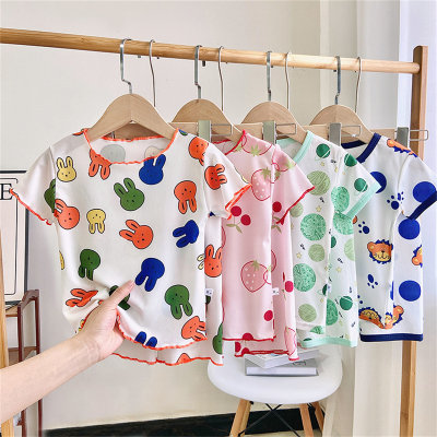 Children's ice silk short-sleeved suit summer boys' home clothes cropped pants girls' thin pajamas children's air-conditioning clothes wholesale