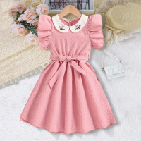 Girls summer dress doll collar sleeveless lace fashionable princess dress  Pink