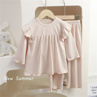 Girls long-sleeved striped pajamas home clothes summer suit student air-conditioning clothes  Apricot