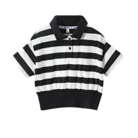 Girls striped POLO shirt loose casual girls clothes for middle and large children  black and white stripes