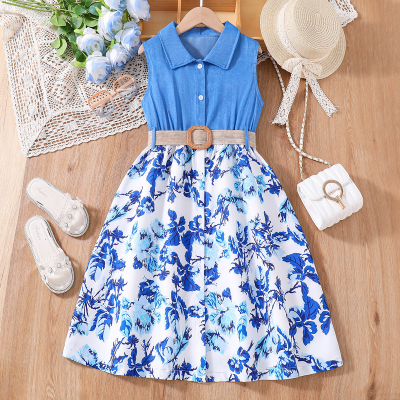 Girls summer sleeveless floral print dress for older children color matching imitation denim dress