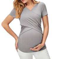 wish Amazon 2023 spring and summer hot-selling new European and American simple fashion pregnant mother short-sleeved casual solid color tops for women  Gray