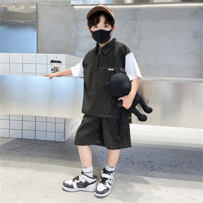 Abito da ragazzo con cerniera a righe piccole, colletto alla coreana, abbigliamento estivo per bambini, abito a due pezzi a maniche corte da strada cool