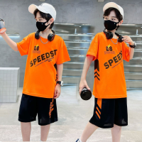 Verão infantil na moda carta solta casual terno meninos bonito shorts de manga curta esportes terno de duas peças  laranja
