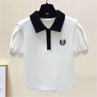 Girls college style summer new POLO shirt T-shirt for middle and older children short-sleeved puff-sleeved top  White