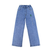 Pantalones de pierna ancha para niñas, jeans infantiles bordados para niños medianos y grandes.  Azul