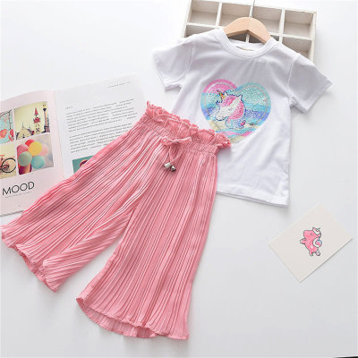 Summer Girls' Sequined Unicorn Short Sleeve Tops Solid Color Wide Leg Pants 2-Pack