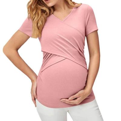 Wish Amazon 2023 primavera e verão venda quente nova moda simples europeia e americana mãe grávida de manga curta casual cor sólida tops femininos