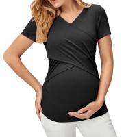 wish Amazon 2023 spring and summer hot-selling new European and American simple fashion pregnant mother short-sleeved casual solid color tops for women  Black