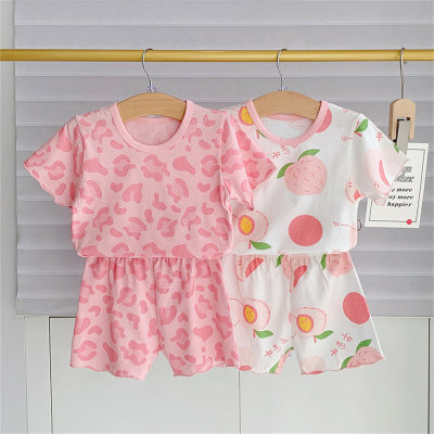 Conjunto de pijamas de seda helada de verano para niñas, ropa para el hogar de dos piezas, manga corta para niñas pequeñas y medianas