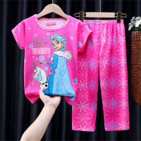 Girls new children's pajamas summer thin short-sleeved trousers home wear set  Pink