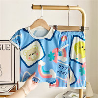 Children's ice silk short-sleeved suit summer boys' home clothes three-quarter pants girls' thin pajamas children's air-conditioned clothes wholesale  Blue