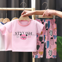 Sommerliche Kinderkleidung, klimatisiertes Kinderkleidungsset, kurzärmliges Baby-T-Shirt aus reiner Baumwolle, Hosen, Heimkleidung, Jungen- und Mädchenpyjamas  Rosa