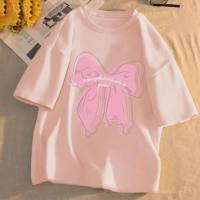 Nueva versión coreana de verano para niñas de una dulce y moderna camiseta informal de manga corta con estampado de mariposas para niños medianos y grandes  Rosado