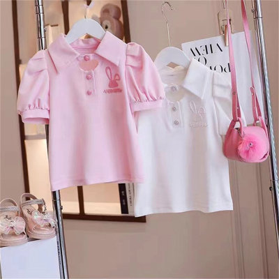 Polo à manches courtes pour filles, T-shirt décontracté coréen pour enfants de taille moyenne à grande, haut à revers