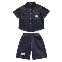 Jungen-Sommer-Kurzarm-Jeansanzug, einfarbig, hübscher zweiteiliger Anzug für ältere Kinder  Blau