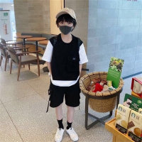 Boys summer workwear outdoor sports handsome boy short-sleeved two-piece suit  Black
