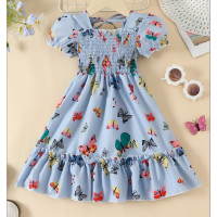 Girls summer dresses with printed stylish short-sleeved skirts for girls summer casual long skirts  Blue